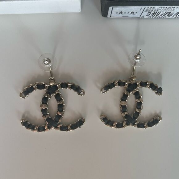CHANEL Jewelry - Chanel Vintage Black Gold Chain Dangle Jumbo Earrings Rare Limited Edition